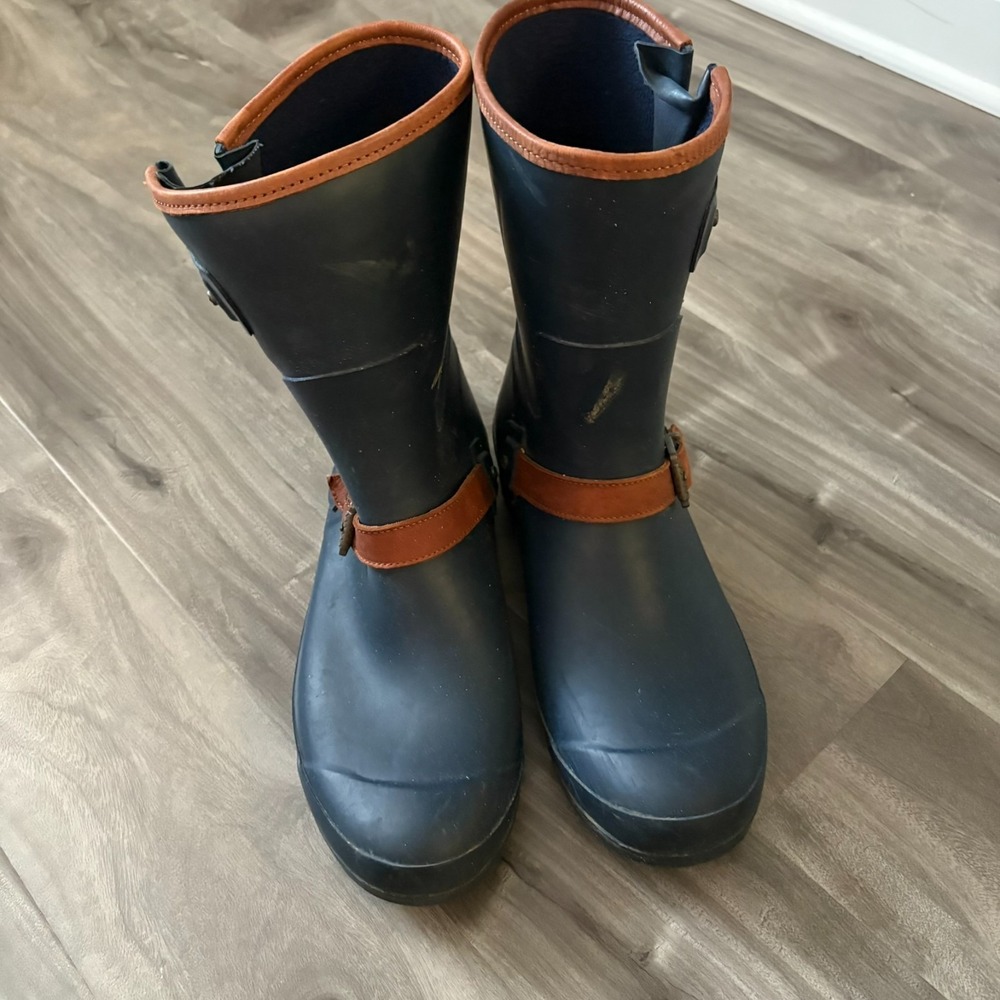 Sperry Top-Sider Saltwater Rain Boots Navy Blue Brown Buckle Women's Size 11 Mid